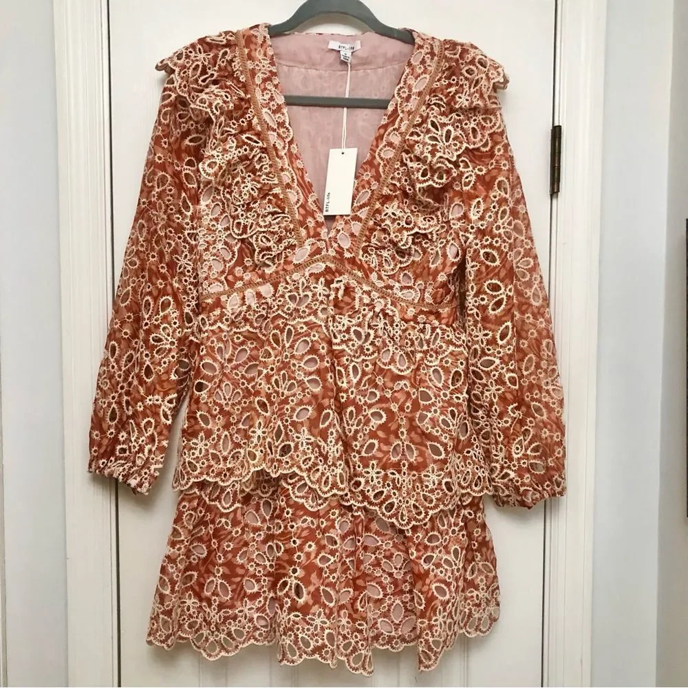 BTFL-Life Dress Brown Eyelet Lace Mini Tiered Layered Ruffled Long Sleeve NWT S